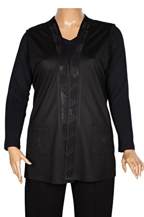 Hesna Kadın Alçin Büyük Beden 2 İp Kristal Taşlı Cepli Siyah Yelek