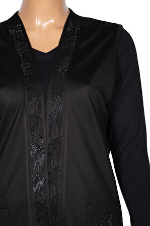 Hesna Kadın Alçin Büyük Beden 2 İp Kristal Taşlı Cepli Siyah Yelek