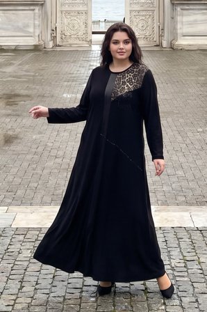 Wearon Kadın Büyük Beden 2 ip Penye Süs Derili Taşlı Beste Siyah Elbise