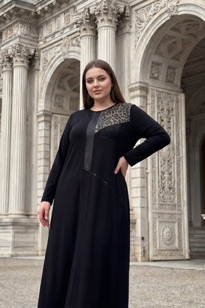 Wearon Kadın Büyük Beden 2 ip Penye Süs Derili Taşlı Beste Siyah Elbise
