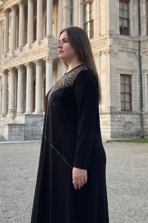 Wearon Kadın Büyük Beden 2 ip Penye Süs Derili Taşlı Beste Siyah Elbise