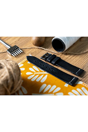 Hakiki Deri Saat Kordonu Kayış - Siyah - Tek Katlı - 20 mm