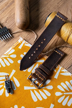 Hakiki Deri Saat Kordonu Kayış - Crazy Kahve - Tek Katlı - 22 mm