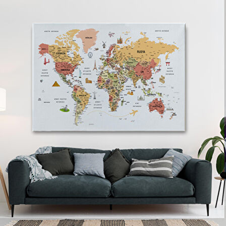 Harita Sepeti Türkçe Dünya Haritası Son Derece Ayrıntılı Eğitici ve Sembollü Kanvas Tablo 3206