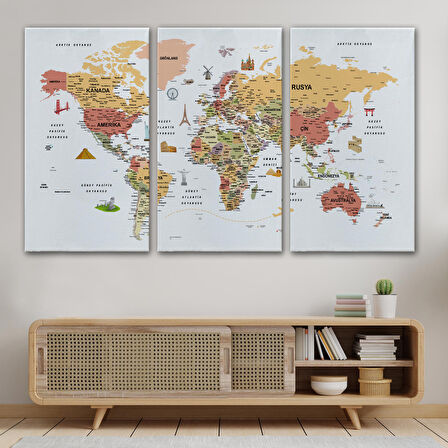 Harita Sepeti Türkçe Dünya Haritası Son Derece Ayrıntılı Eğitici ve Sembollü Kanvas Tablo 3206