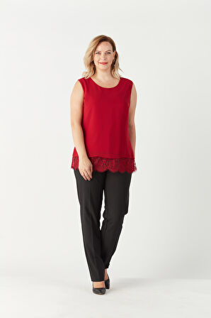 3207 Etek Ucu Dantelli Şifon Büyük Beden Şık Bluz Kırmızı