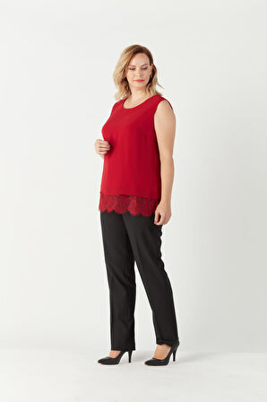 3207 Etek Ucu Dantelli Şifon Büyük Beden Şık Bluz Kırmızı