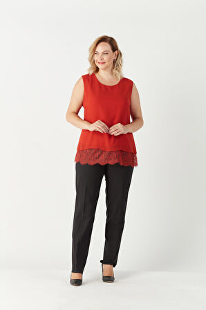 3207 Etek Ucu Dantelli Şifon Büyük Beden Şık Bluz Tarçın