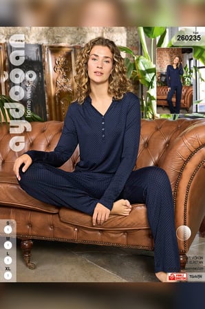 Aydoğan Kadın Önü Açılır 4 Düğmeli Lacivert Cevza Pijama Takımı 0235