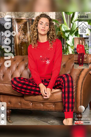 Aydoğan Kadın O Yaka Bileği Ribanalı Kırmızı Alçin Pijama Takımı 0593