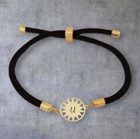 Güneş Figürlü 14 Ayar Altın Plakalı Bayanlar İçin İpek Örgülü Harfe Özel Bileklik-321harf-siyah