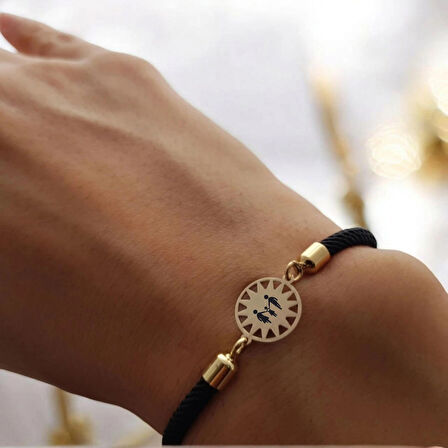 Güneş Figürlü 14 Ayar Altın Plakalı İpek Örgülü Bayanlara Özel Sembol Bilekliği-321sembol-siyah