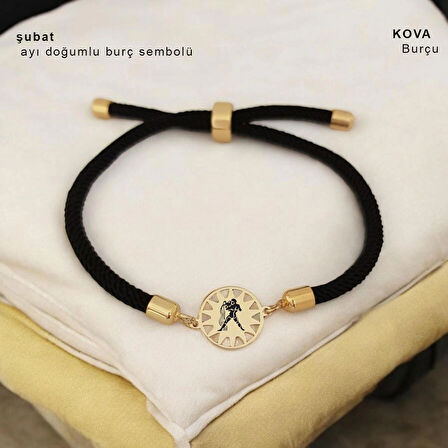 Bayanlara Özel Güneş Figürlü İpek Örgülü 14 Ayar Altın Plakalı Burç Bilekliği-321burç-siyah