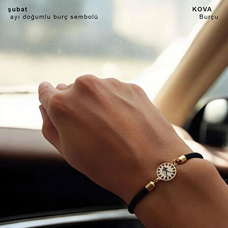 Bayanlara Özel Güneş Figürlü İpek Örgülü 14 Ayar Altın Plakalı Burç Bilekliği-321burç-siyah