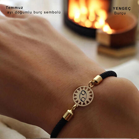 Bayanlara Özel Güneş Figürlü 14 Ayar Altın Plakalı İpek Örgülü Doğum Ay Bilekliği-321doğumay-siyah