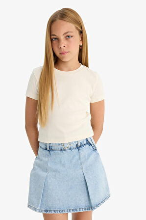 DeFacto Kız Çocuk Slim Fit Dar Kesim Bisiklet Yaka Ribana Basic Düz Kısa Kollu Tişört B3054A824SMER99