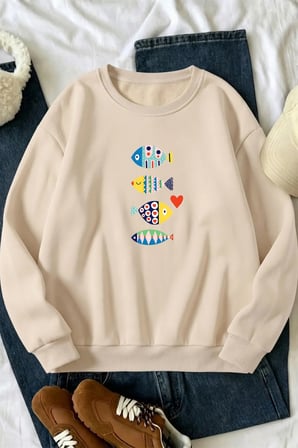 Unisex BALIK Baskılı Bisiklet Yaka Sweatshirt