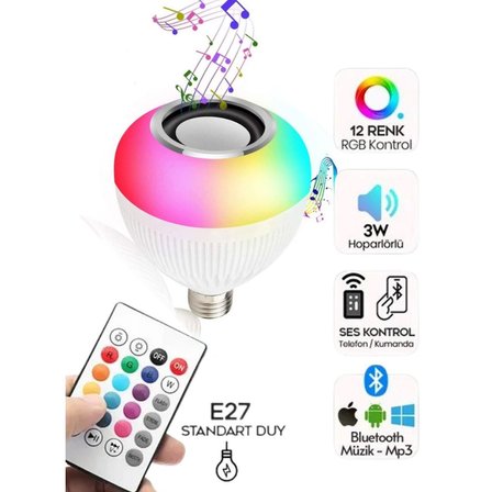 Bluetooth Hoparlörlü Uzaktan Kumandalı RGB Akıllı LED Ampul 16 Renk Değiştirilebilir Müzikli Lamba