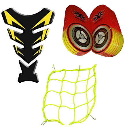 Universal Motosiklet Sarı Aksesuar Seti (Jant Şeridi + Tankpad+Kask Filesi)