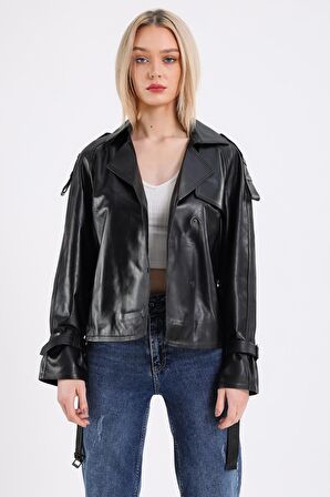 Oversize Biker Kadın Deri Mont