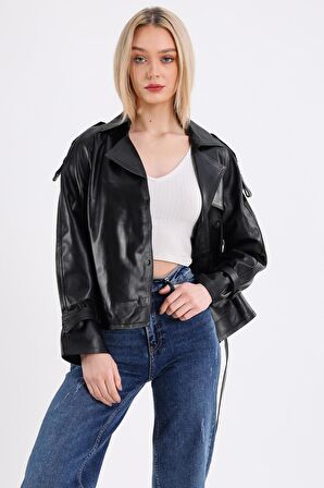 Oversize Biker Kadın Deri Mont