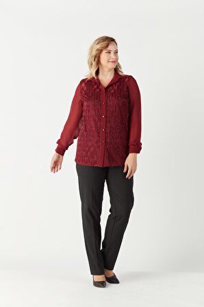 3211 Simli Jakarlı Şifon Büyük Beden Şık Gömlek Bordo
