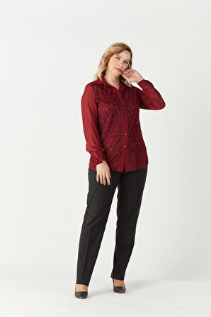 3211 Simli Jakarlı Şifon Büyük Beden Şık Gömlek Bordo