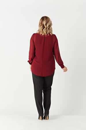 3211 Simli Jakarlı Şifon Büyük Beden Şık Gömlek Bordo