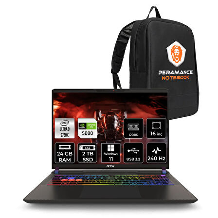 MSI Vector 16 HX AI Ultra 9 275HX 24GB 2TB SSD RTX5080/16GB 175W 16'' WQXGA W11P Gaming Laptop