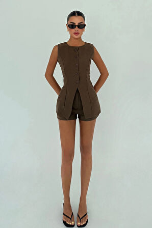 Kahverengi Loutra Mini Şortlu Takım ATE-3004