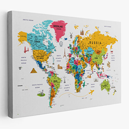 Harita Sepeti Dünya Haritası Son Derece Ayrıntılı Eğitici ve Sembollü Kanvas Tablo 3213