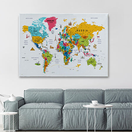 Harita Sepeti Dünya Haritası Son Derece Ayrıntılı Eğitici ve Sembollü Kanvas Tablo 3213