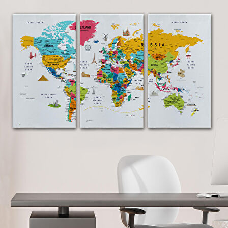 Harita Sepeti Dünya Haritası Son Derece Ayrıntılı Eğitici ve Sembollü Kanvas Tablo 3213