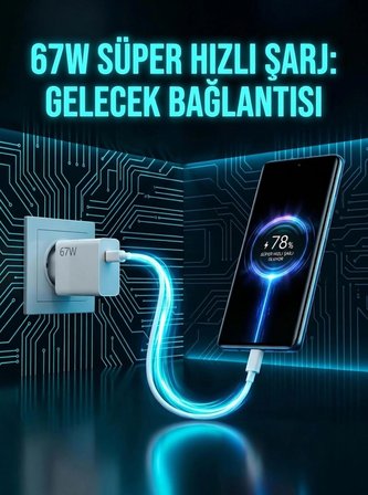 67W Turbo Süper Hızlı Şarj Adaptörü - Beyaz USB-C Turbo Şarj Cihazı + Dayanıklı Type-C Kablo Seti