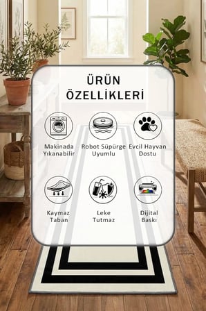 Çerçeve Krem Siyah Yıkanabilir Kaymaz Taban Dijital Baskılı Yolluk Halı Krem Siyah