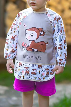 Wild And Happy Karaca Desenli Uzun Kollu Unisex Bebek Mama Önlüğü Sıvı Geçirmez