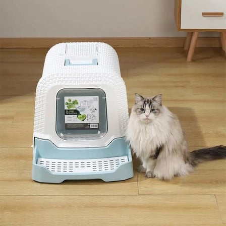 M-Pets Eco Rattan 69X42X41 Cm Kapalı Kedi Tuvaleti White/Blue