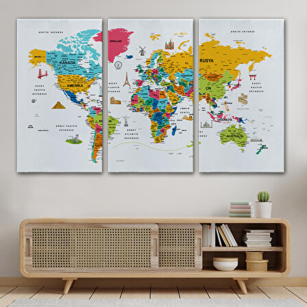 Harita Sepeti Türkçe Dünya Haritası Son Derece Ayrıntılı Eğitici ve Sembollü Kanvas Tablo 3214