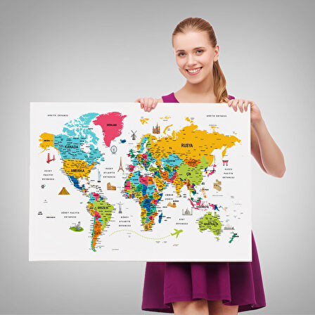 Harita Sepeti Türkçe Dünya Haritası Son Derece Ayrıntılı Eğitici ve Sembollü Kanvas Tablo 3214