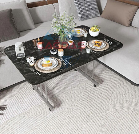 METAL AYAKLI TEKERLEKLİ EKONOMİK ORTA SEHPA 70 x 110 cm – SİYAH MERMER