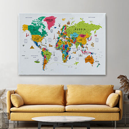 Harita Sepeti Dünya Haritası Son Derece Ayrıntılı Eğitici ve Sembollü Dekoratif Kanvas Tablo 3215