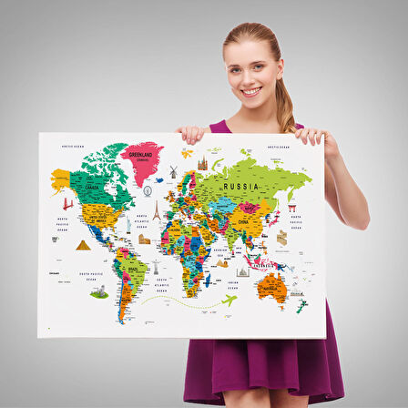 Harita Sepeti Dünya Haritası Son Derece Ayrıntılı Eğitici ve Sembollü Dekoratif Kanvas Tablo 3215