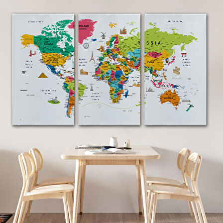 Harita Sepeti Dünya Haritası Son Derece Ayrıntılı Eğitici ve Sembollü Dekoratif Kanvas Tablo 3215