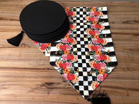 DAMA ÜZERİNE KIRMIZI GÜL DESENLİ RUNNER &  SİYAH SUPLA