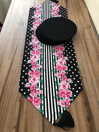 SİYAH ZEMİN PEMBE GÜL DESENLİ RUNNER & SİYAH SUPLA