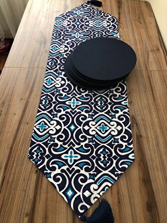 MARİN DAMASK DESENLİ RUNNER & LACİVERT  SUPLA