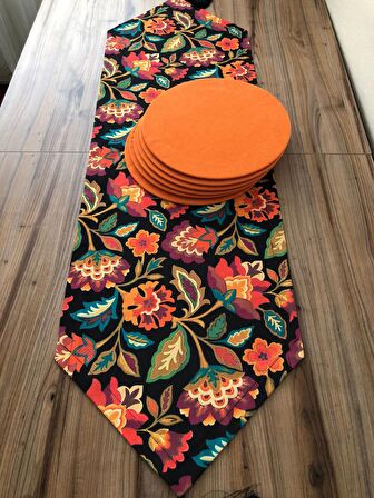 ÇİÇEKLİ ŞAL DESENLİ RUNNER & TURUNCU SUPLA