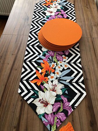 ZİGZAG DESEN ÜZERİNE LİLYUM ÇİÇEK DESENLİ RUNNER & TURUNCU SUPLA
