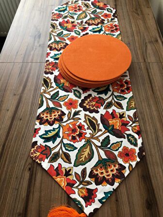 ÇİÇEKLİ ŞAL DESENLİ RUNNER & TURUNCU DÜZ SUPLA