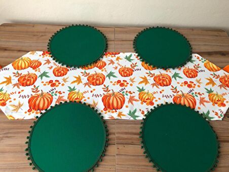 BALKABAĞI DESENLİ RUNNER & PONPONLU YESİL SUPLA